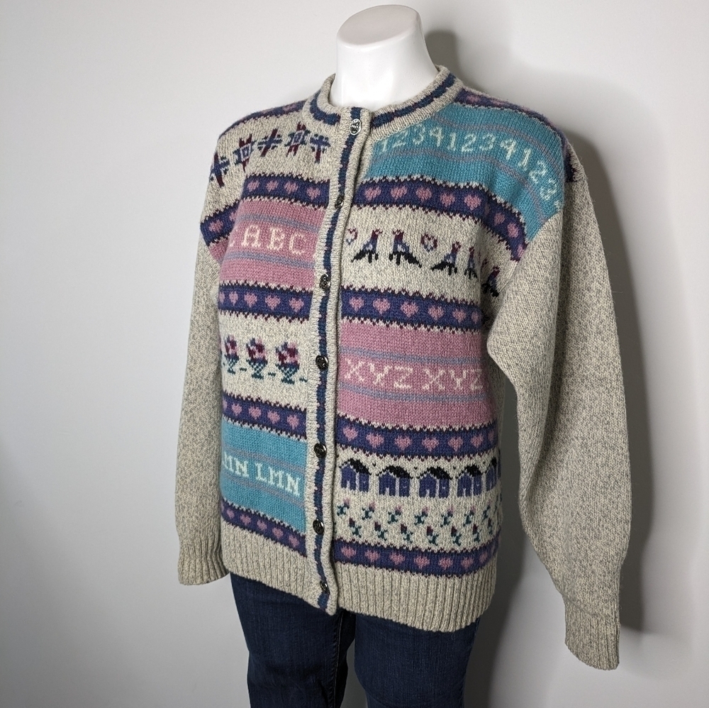 Vintage Woolrich tan blue pink school teacher wool blend button up cardigan M - Picture 4 of 8